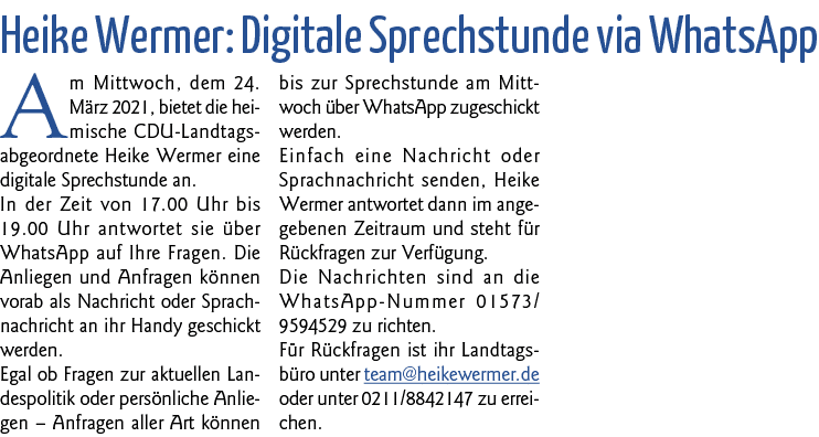  Heike Wermer: Digitale Sprechstunde via WhatsApp Am Mittwoch, dem 24  März 2021, bietet die heimische CDU-Landtagsab   