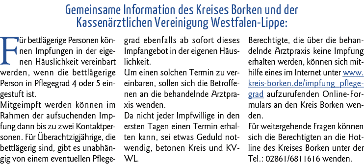  Gemeinsame Information des Kreises Borken und der Kassenärztlichen Vereinigung Westfalen-Lippe: Für bettlägerige Per   