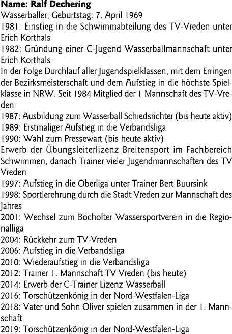 Name: Ralf Dechering Wasserballer, Geburtstag: 7  April 1969 1981: Einstieg in die Schwimmabteilung des TV-Vreden unt   