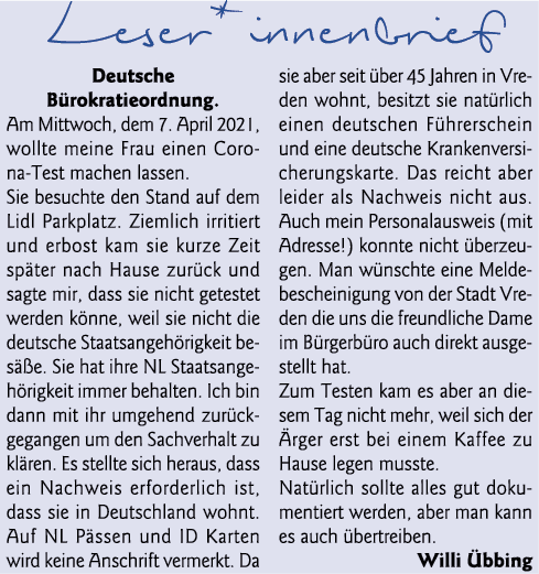 Leser*innenbrief  Deutsche Bürokratieordnung  Am Mittwoch, dem 7  April 2021, wollte meine Frau einen Corona-Test mac   