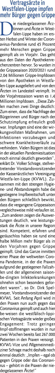  Vertragsärzte in Westfalen-Lippe impfen mehr Bürger gegen Grippe Die niedergelassenen Ärztinnen und Ärzte in Westfal   