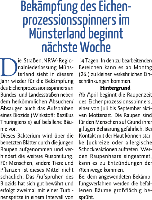  Bekämpfung des Eichen prozessionsspinners im Münsterland beginnt nächste Woche Die Straßen NRW-Regionalniederlassung   