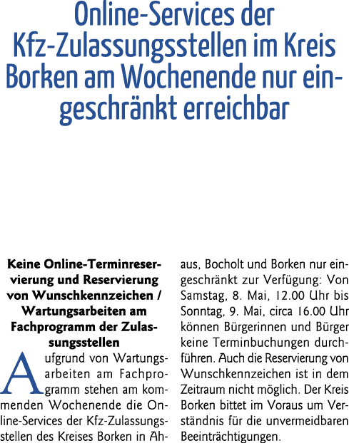  Online-Services der Kfz-Zulassungsstellen im Kreis Borken am Wochenende nur eingeschränkt erreichbar Keine Online-Te   