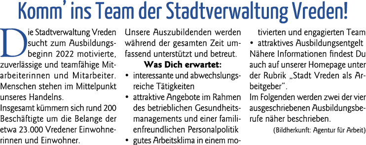  Komm  ins Team der Stadtverwaltung Vreden  Die Stadtverwaltung Vreden sucht zum Ausbildungsbeginn 2022 motivierte, z   