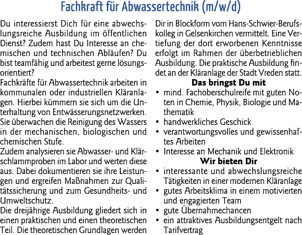  Fachkraft für Abwassertechnik (m w d) Du interessierst Dich für eine abwechslungsreiche Ausbildung im öffentlichen D   