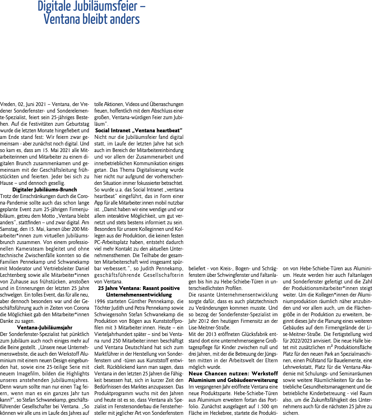  Digitale Jubiläumsfeier   Ventana bleibt anders  Vreden, 02, Juni 2021   Ventana, der Vredener Sonderfenster- und So   
