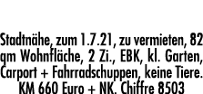DHH in Vreden Stadtnähe, zum 1 7 21, zu vermieten, 82 qm Wohnfläche, 2 Zi , EBK, kl  Garten, Carport + Fahrradschuppe   
