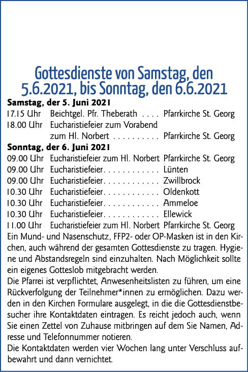 Gottesdienste von Samstag, den 5 6 2021, bis Sonntag, den 6 6 2021 Samstag, der 5  Juni 2021 17 15 Uhr Beichtgel  Pfr   