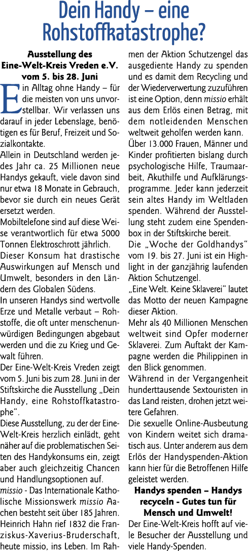  Dein Handy   eine Rohstoffkatastrophe  Ausstellung des Eine-Welt-Kreis Vreden e V  vom 5  bis 28  Juni Ein Alltag oh   