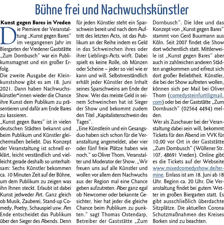  Bühne frei und Nachwuchskünstler Kunst gegen Bares in Vreden Die Premiere der Veranstaltung  Kunst gegen Bares  im v   