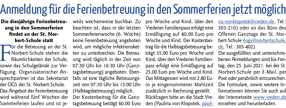  Anmeldung für die Ferienbetreuung in den Sommerferien jetzt möglich Die diesjährige Ferienbetreuung in den Sommerfer   