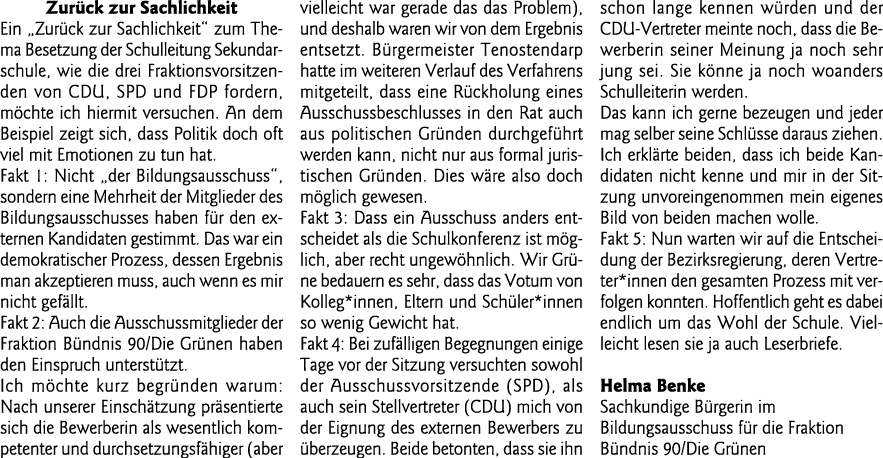 Zurück zur Sachlichkeit Ein  Zurück zur Sachlichkeit  zum Thema Besetzung der Schulleitung Sekundarschule, wie die dr   