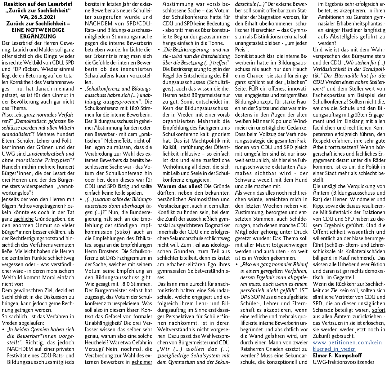 Reaktion auf den Leserbrief  Zurück zur Sachlichkeit  VA, 26 5 2021 Zurück zur Sachlichkeit   EINE NOTWENDIGE ERGÄNZU   