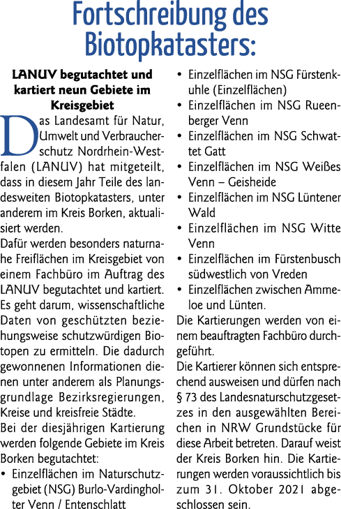  Fortschreibung des Biotopkatasters: LANUV begutachtet und kartiert neun Gebiete im Kreisgebiet Das Landesamt für Nat   