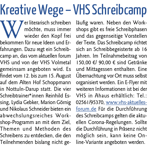  Kreative Wege   VHS Schreibcamp Wer literarisch schreiben möchte, muss immer wieder den Kopf frei bekommen für neue    