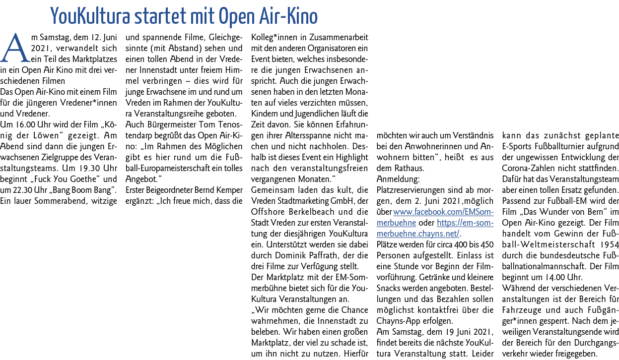  YouKultura startet mit Open Air-Kino Am Samstag, dem 12  Juni 2021, verwandelt sich ein Teil des Marktplatzes in ein   