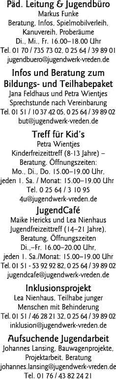 Päd  Leitung & Jugendbüro Markus Funke Beratung, Infos, Spielmobilverleih, Kanuvereih, Proberäume Di , Mi , Fr  16 00   