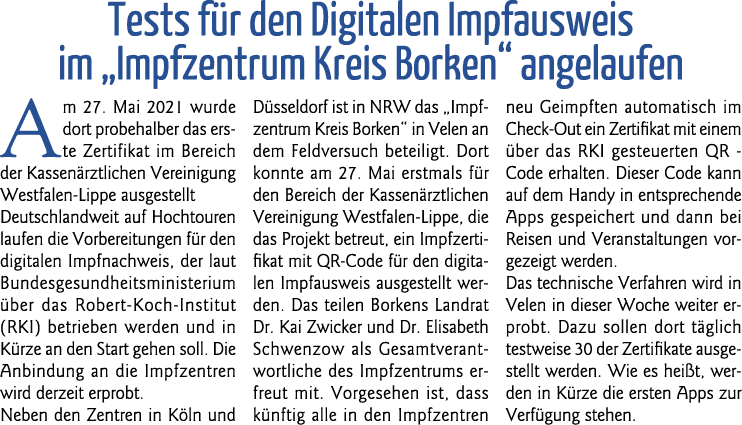  Tests für den Digitalen Impfausweis im  Impfzentrum Kreis Borken  angelaufen Am 27  Mai 2021 wurde dort probehalber    