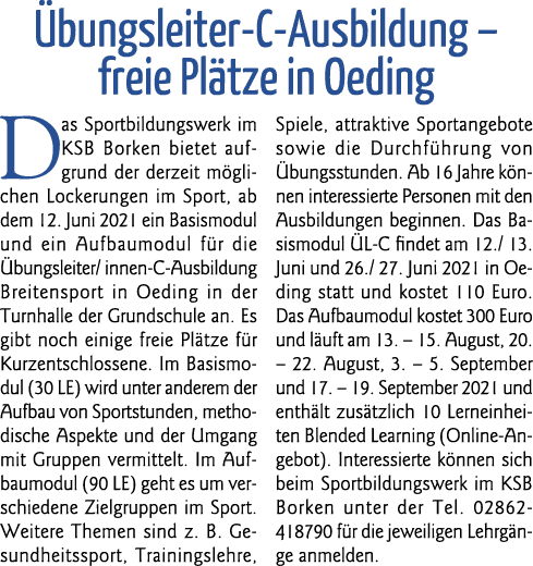  Übungsleiter-C-Ausbildung   freie Plätze in Oeding Das Sportbildungswerk im KSB Borken bietet aufgrund der derzeit m   