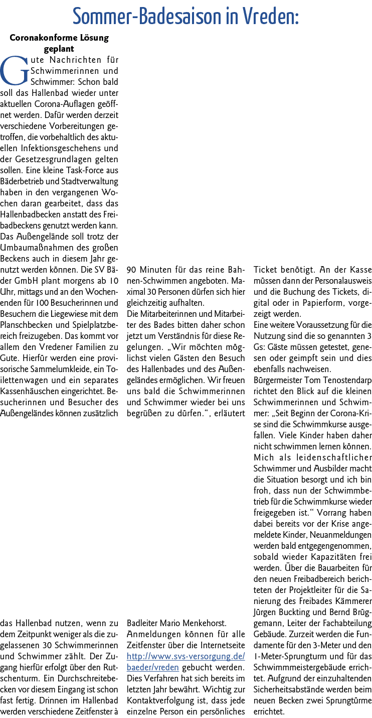  Sommer-Badesaison in Vreden: Coronakonforme Lösung geplant Gute Nachrichten für Schwimmerinnen und Schwimmer: Schon    
