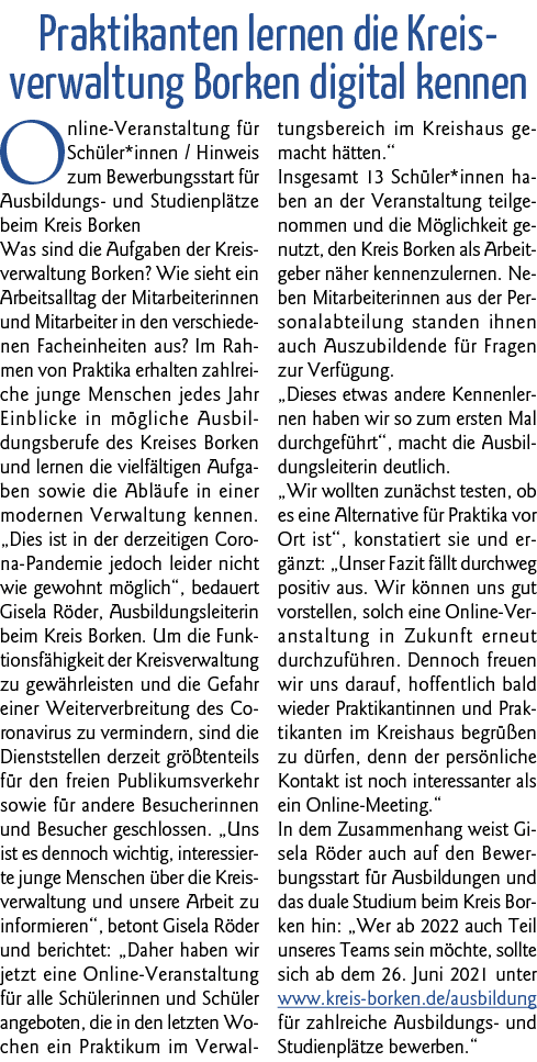  Praktikanten lernen die Kreis verwaltung Borken digital kennen Online-Veranstaltung für Schüler*innen   Hinweis zum    