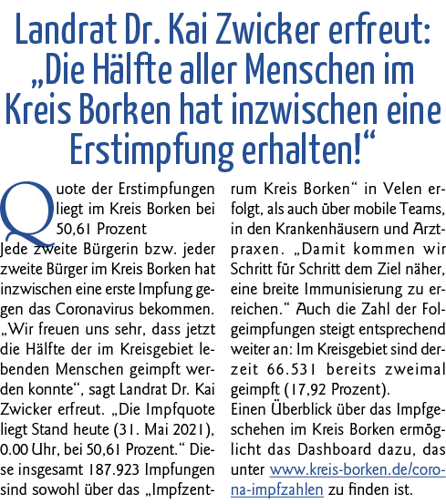  Landrat Dr  Kai Zwicker erfreut:  Die Hälfte aller Menschen im Kreis Borken hat inzwischen eine Erstimpfung erhalten   