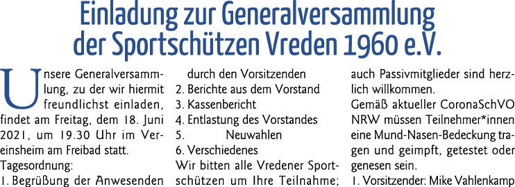  Einladung zur Generalversammlung der Sportschützen Vreden 1960 e V  Unsere Generalversammlung, zu der wir hiermit fr   