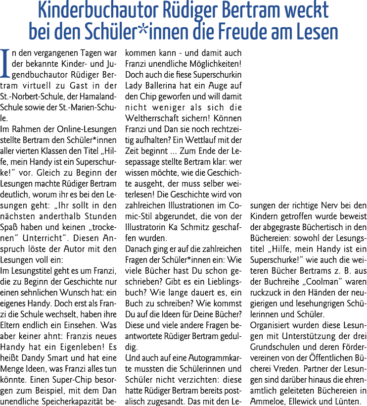 Kinderbuchautor Rüdiger Bertram weckt bei den Schüler*innen die Freude am Lesen In den vergangenen Tagen war der bek   