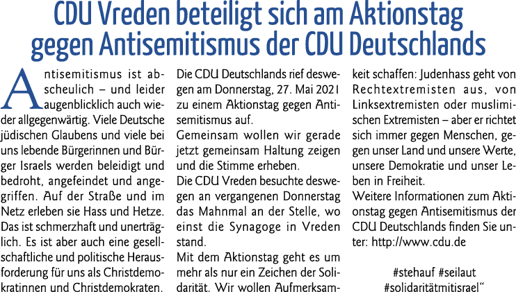  CDU Vreden beteiligt sich am Aktionstag gegen Antisemitismus der CDU Deutschlands Antisemitismus ist abscheulich   u   