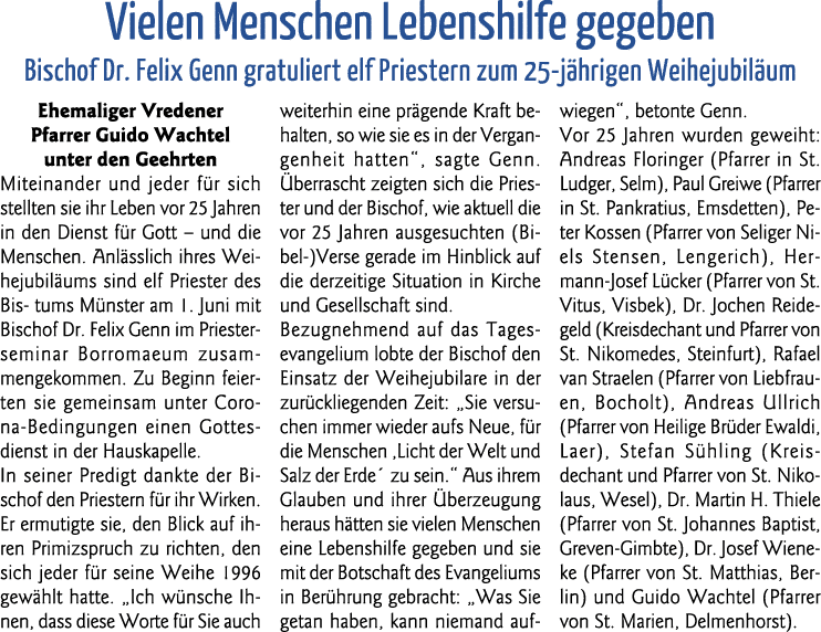  Vielen Menschen Lebenshilfe gegeben  Bischof Dr  Felix Genn gratuliert elf Priestern zum 25-jährigen Weihejubiläum E   