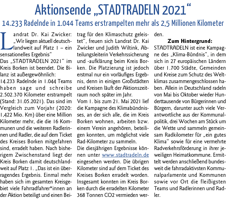  Aktionsende  STADTRADELN 2021   14 233 Radelnde in 1 044 Teams erstrampelten mehr als 2,5 Millionen Kilometer Landra   