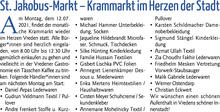 St  Jakobus-Markt   Krammarkt im Herzen der Stadt Am Montag, dem 12 07  2021, findet der monatliche Krammarkt wieder    