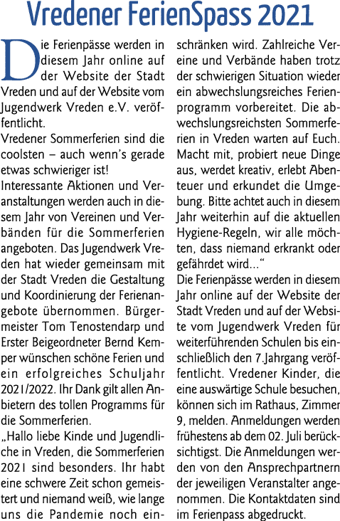 Vredener FerienSpass 2021 Die Ferienpässe werden in diesem Jahr online auf der Website der Stadt Vreden und auf der W   