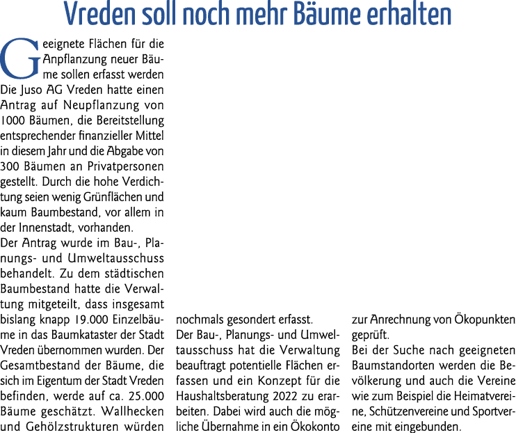 Vreden soll noch mehr Bäume erhalten Geeignete Flächen für die Anpflanzung neuer Bäume sollen erfasst werden Die Juso   