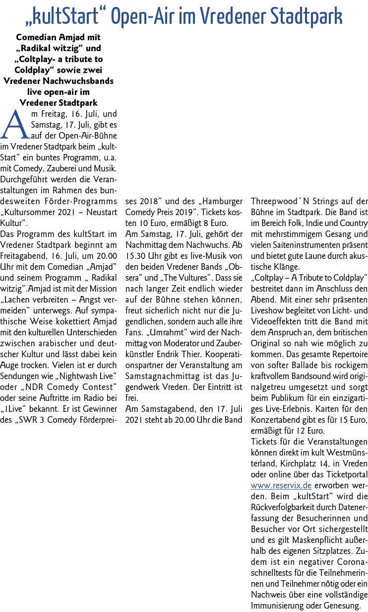  kultStart  Open-Air im Vredener Stadtpark Comedian Amjad mit  Radikal witzig  und  Coltplay- a tribute to Coldplay     