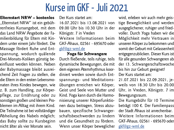 Kurse im GKF - Juli 2021 Elternstart NRW   kostenlos  Elternstart NRW  ist ein gebührenfreies Kursangebot, mit dem da   