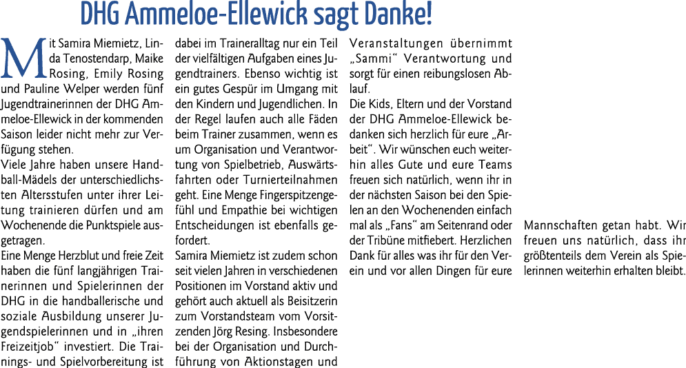 DHG Ammeloe-Ellewick sagt Danke  Mit Samira Miemietz, Linda Tenostendarp, Maike Rosing, Emily Rosing und Pauline Welp   
