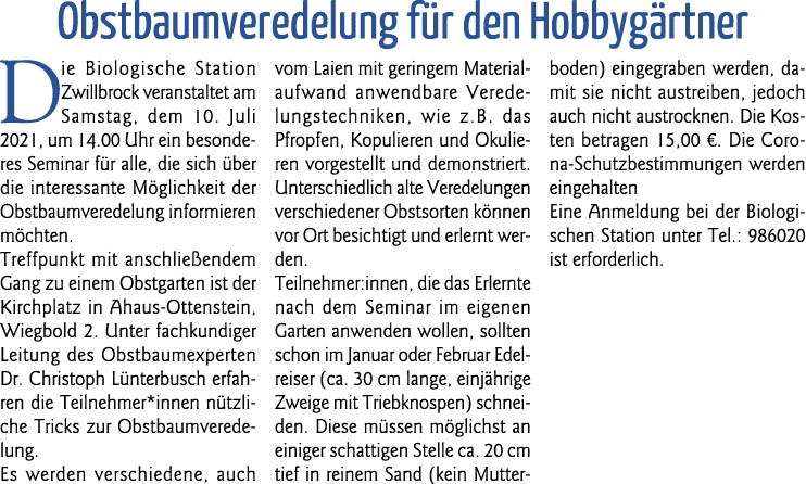 Obstbaumveredelung für den Hobbygärtner Die Biologische Station Zwillbrock veranstaltet am Samstag, dem 10  Juli 2021   