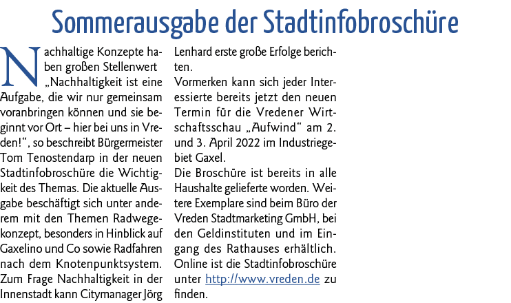 Sommerausgabe der Stadtinfobroschüre Nachhaltige Konzepte haben großen Stellenwert  Nachhaltigkeit ist eine Aufgabe,    