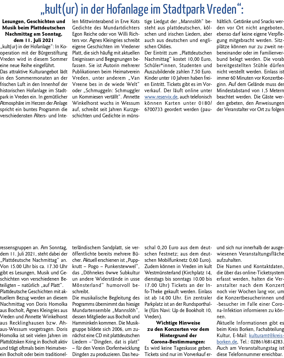  kult(ur) in der Hofanlage im Stadtpark Vreden : Lesungen, Geschichten und Musik beim Plattdeutschen Nachmittag am So   