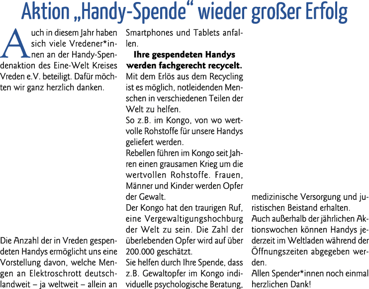 Aktion  Handy-Spende  wieder großer Erfolg Auch in diesem Jahr haben sich viele Vredener*innen an der Handy-Spendenak   