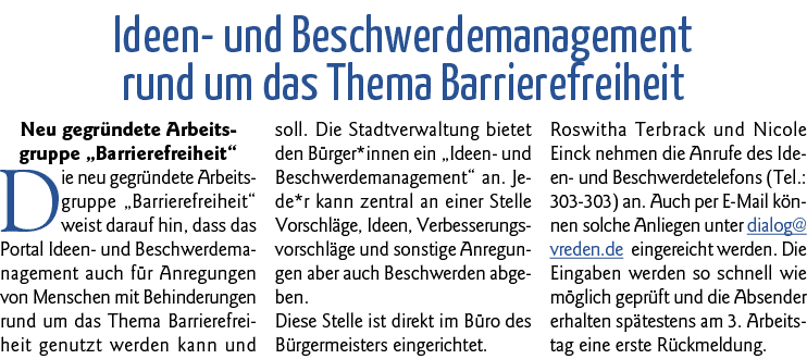 Ideen- und Beschwerdemanagement rund um das Thema Barrierefreiheit Neu gegründete Arbeitsgruppe  Barrierefreiheit  Di   