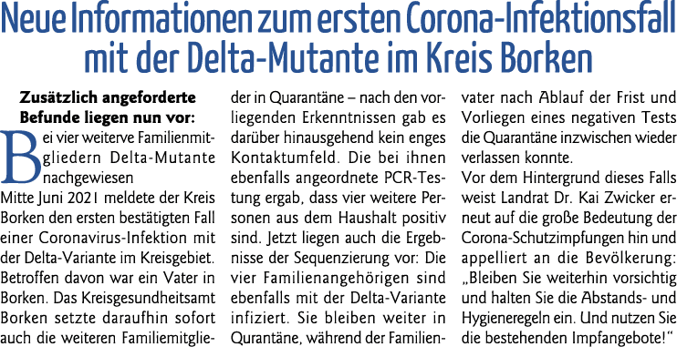 Neue Informationen zum ersten Corona- Infektionsfall mit der Delta-Mutante im Kreis Borken Zusätzlich angeforderte Be   