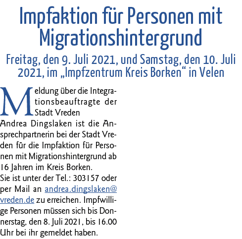 Impfaktion für Personen mit Migrationshintergrund Freitag, den 9  Juli 2021, und Samstag, den 10  Juli 2021, im  Impf   