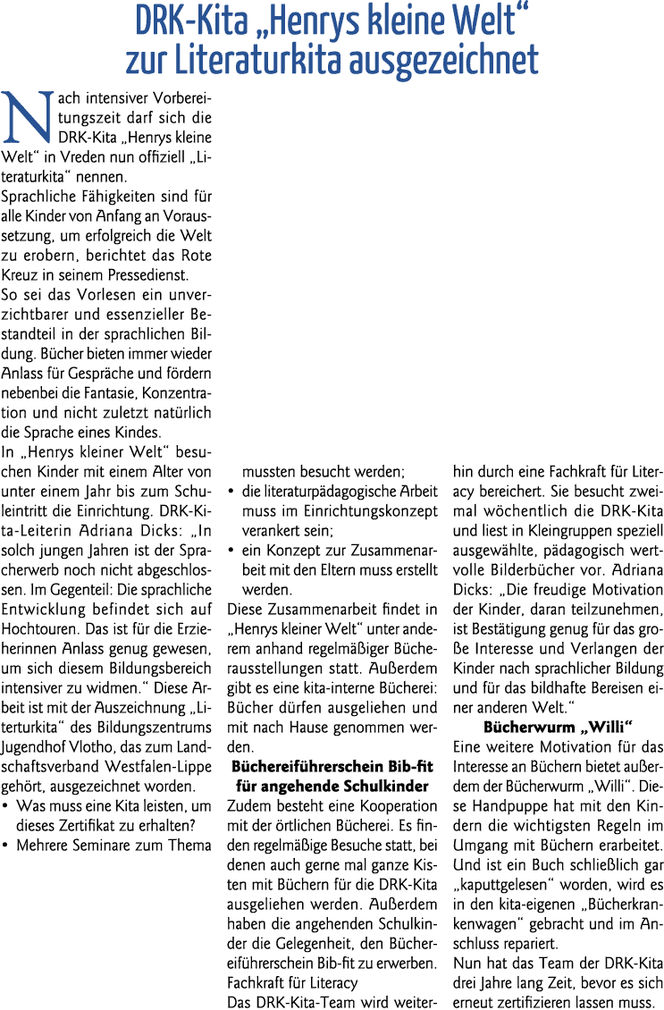 DRK-Kita  Henrys kleine Welt  zur Literaturkita ausgezeichnet Nach intensiver Vorbereitungszeit darf sich die DRK-Kit   