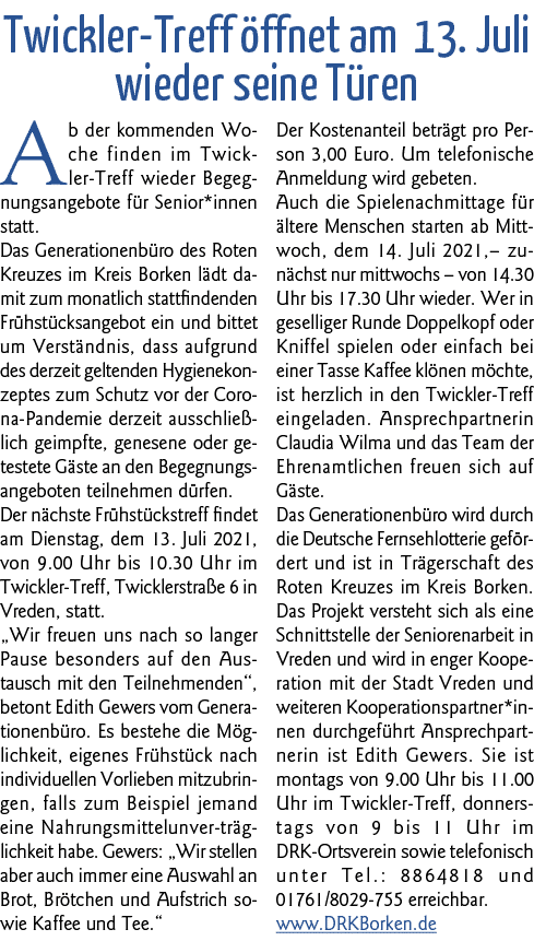 Twickler-Treff öffnet am 13  Juli wieder seine Türen Ab der kommenden Woche finden im Twickler-Treff wieder Begegnung   