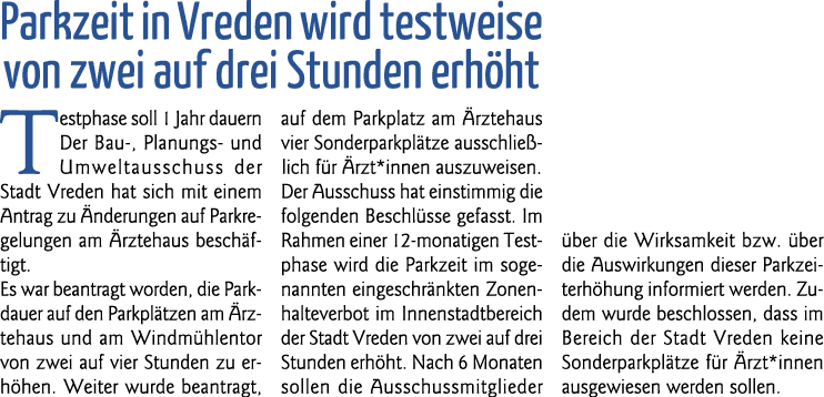 Parkzeit in Vreden wird testweise von zwei auf drei Stunden erhöht Testphase soll 1 Jahr dauern Der Bau-, Planungs- u   