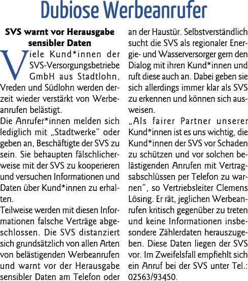 Dubiose Werbeanrufer SVS warnt vor Herausgabe sensibler Daten Viele Kund*innen der SVS-Versorgungsbetriebe GmbH aus S   