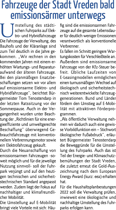 Fahrzeuge der Stadt Vreden bald emissionsärmer unterwegs Umstellung des städtischen Fuhrparks auf Elektro- und Hybrid   