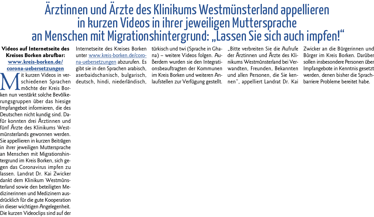 Ärztinnen und Ärzte des Klinikums Westmünsterland appellieren in kurzen Videos in ihrer jeweiligen Muttersprache an M   